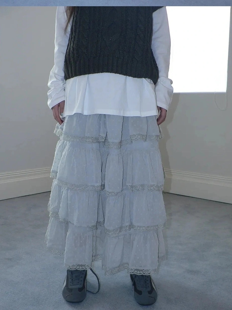 ang project Vintage High Waist Lace Trim Polka Dot Flared Tiered Skirt Skirt