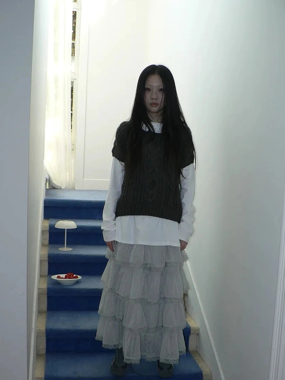 ang project Vintage High Waist Lace Trim Polka Dot Flared Tiered Skirt Skirt