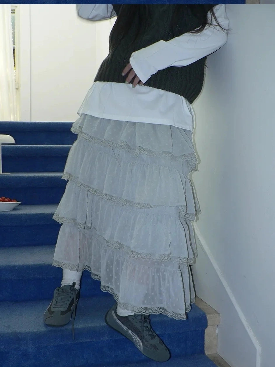 ang project Vintage High Waist Lace Trim Polka Dot Flared Tiered Skirt Skirt