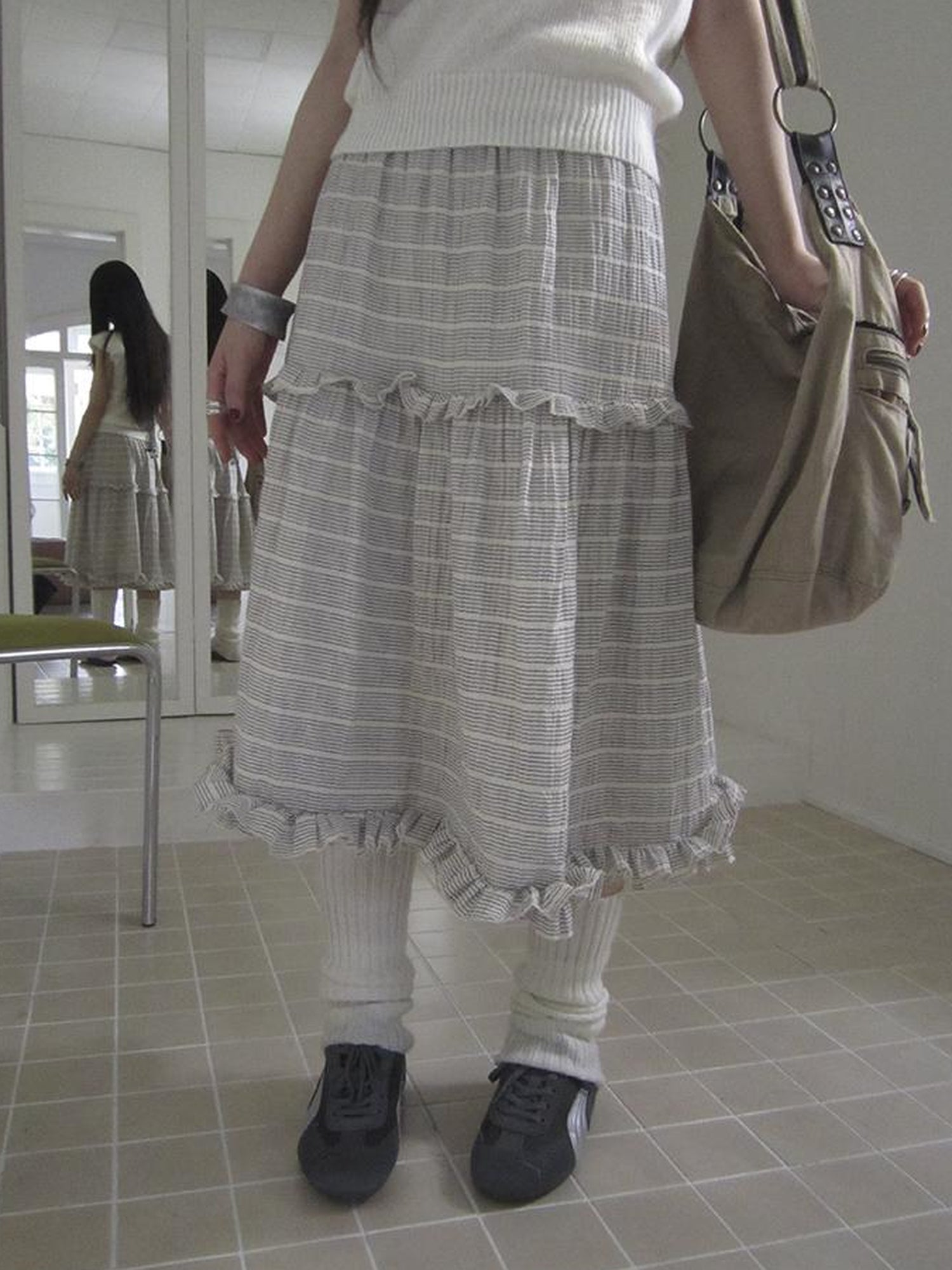ang project Vintage Inspired Striped Floral Skirt With Elastic Waist