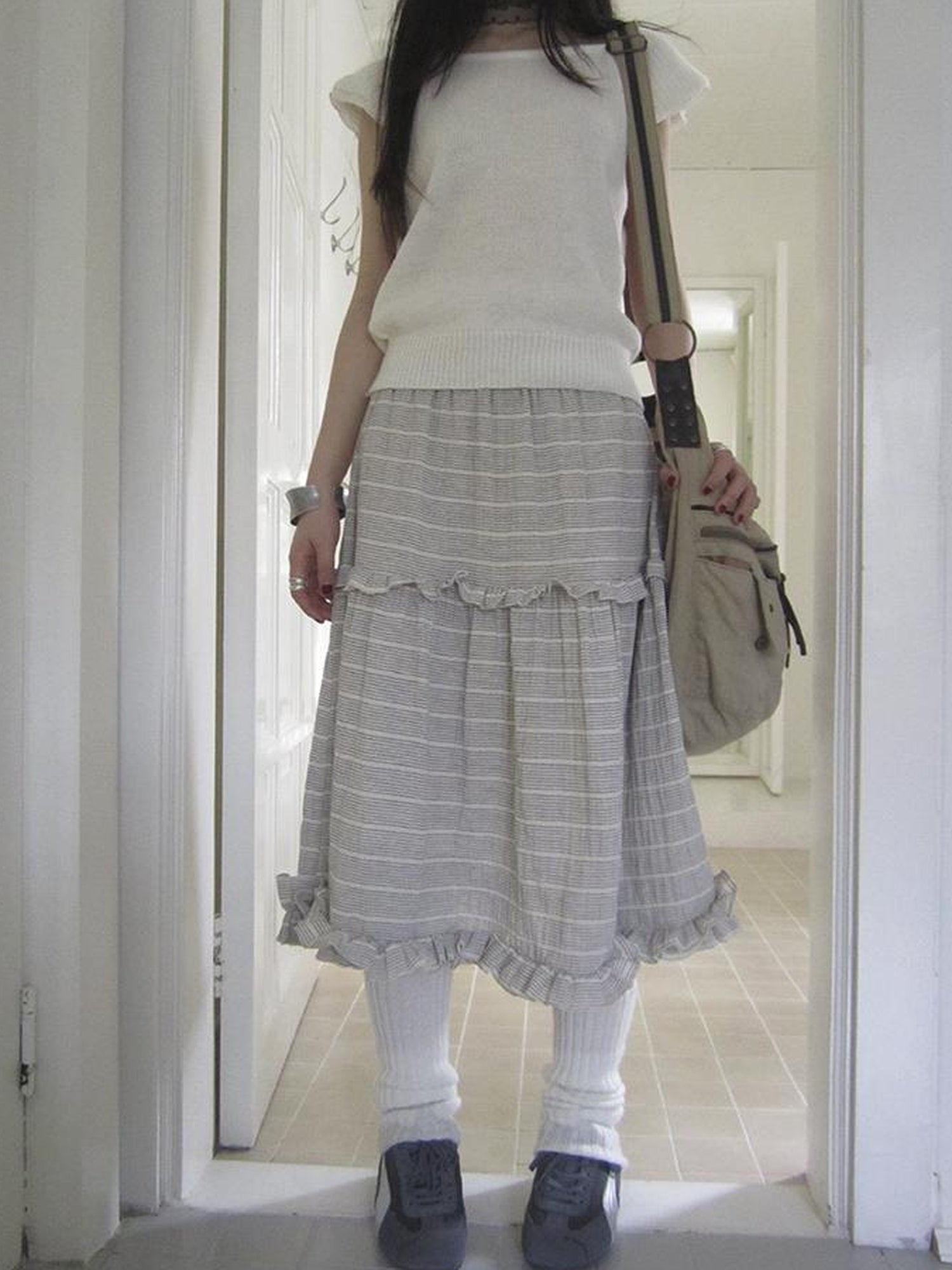 ang project Vintage Inspired Striped Floral Skirt With Elastic Waist