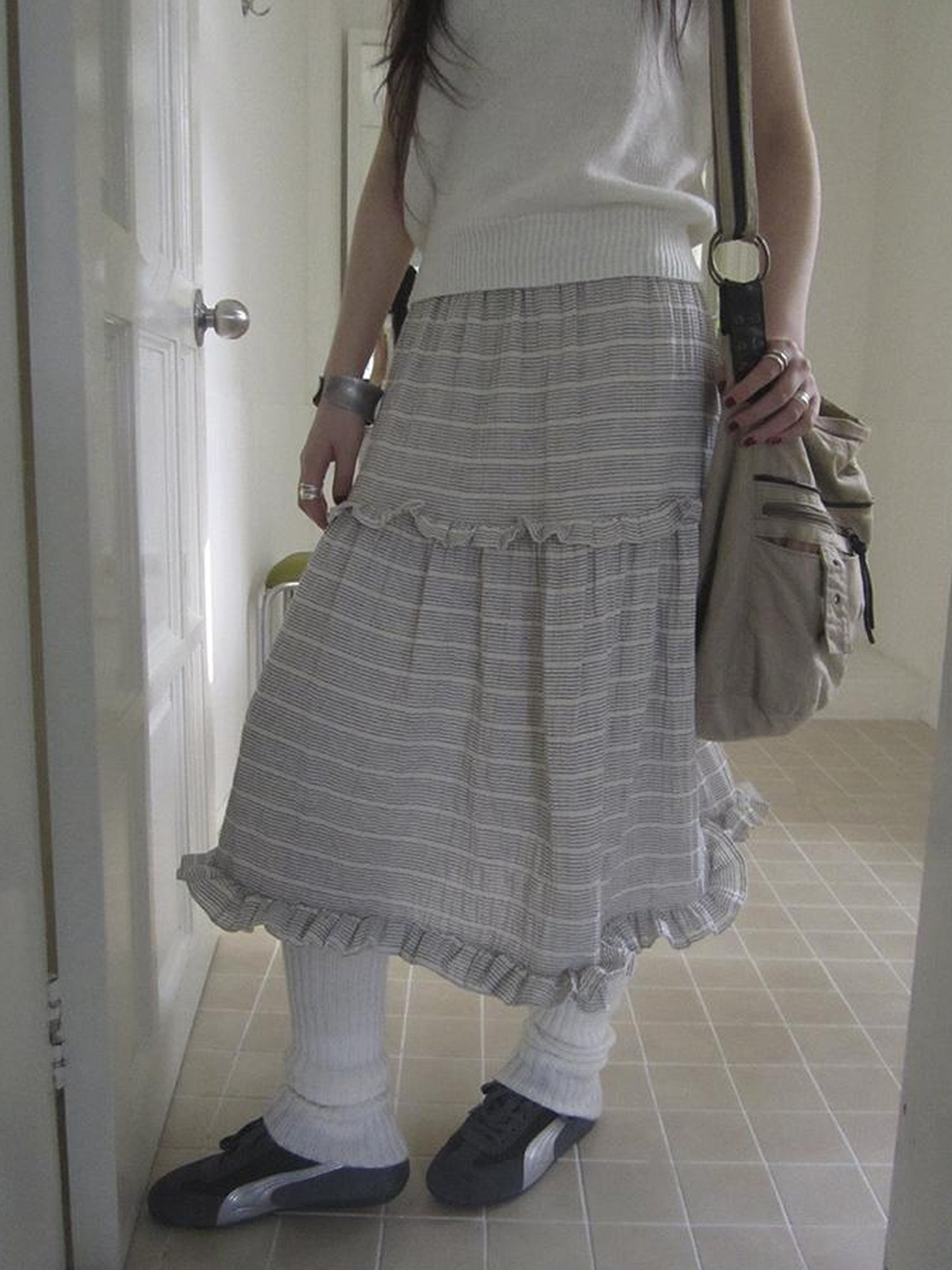 ang project Vintage Inspired Striped Floral Skirt With Elastic Waist