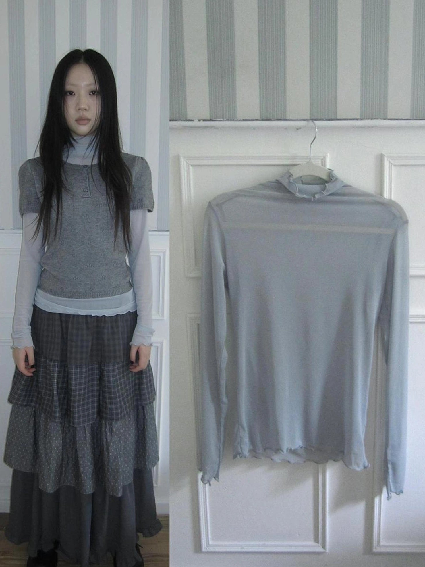 ang project Vintage Knit Layering Mesh Top V-neck T-shirt Long Sleeve T-shirt