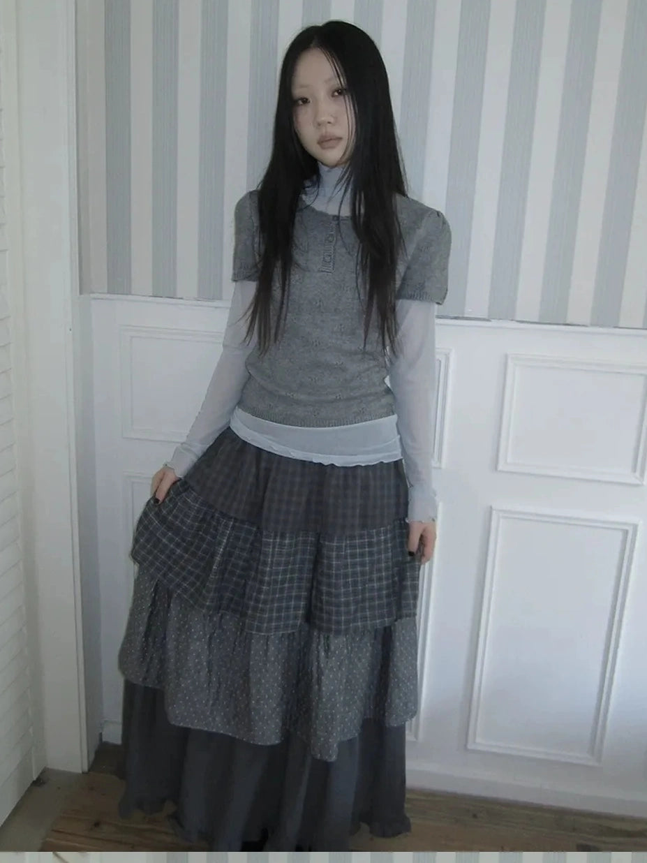 ang project Vintage Knit Layering Mesh Top V-neck T-shirt Long Sleeve T-shirt