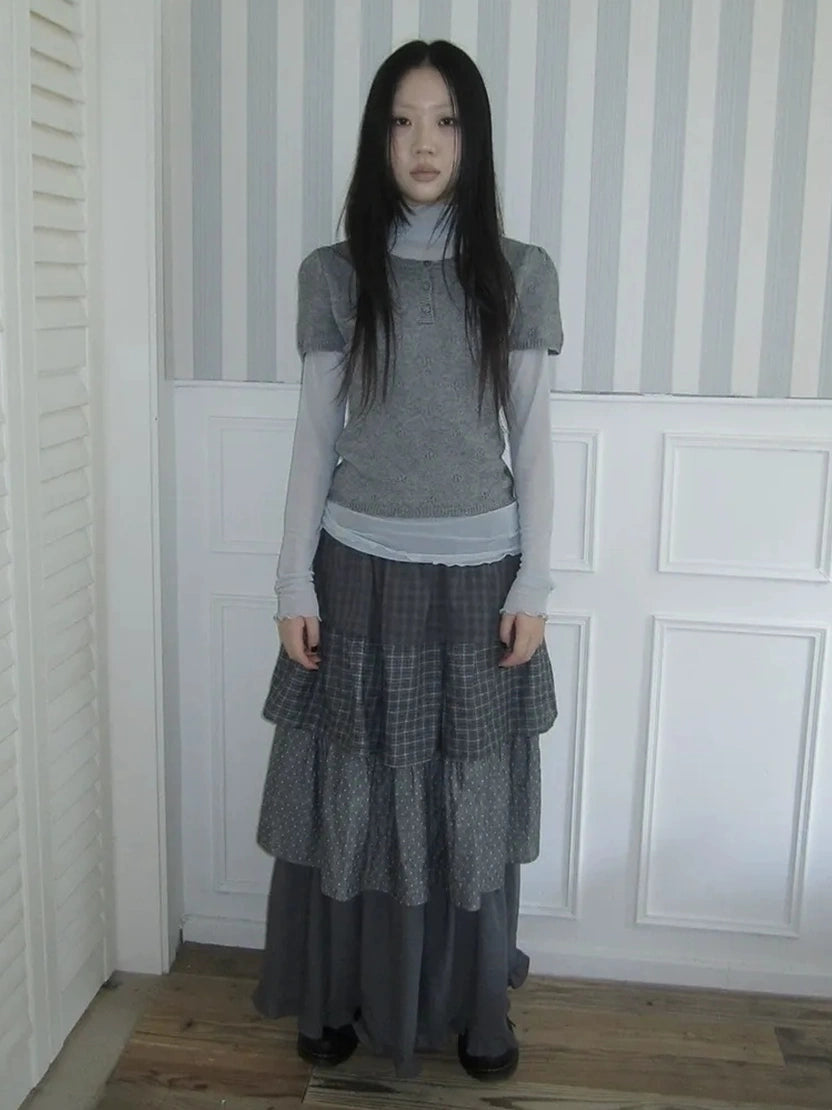 ang project Vintage Knit Layering Mesh Top V-neck T-shirt Long Sleeve T-shirt