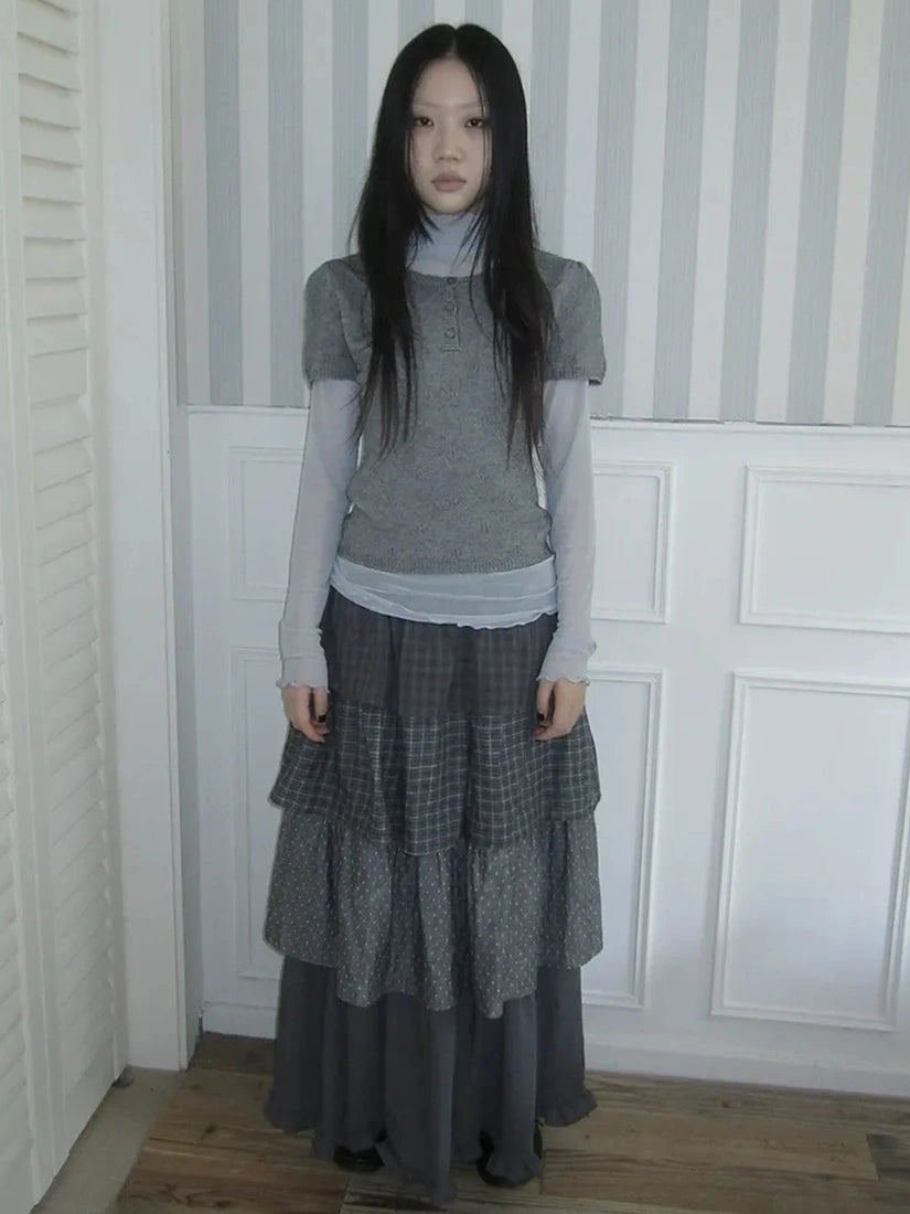 ang project Vintage Knit Layering Mesh Top V-neck T-shirt Long Sleeve T-shirt