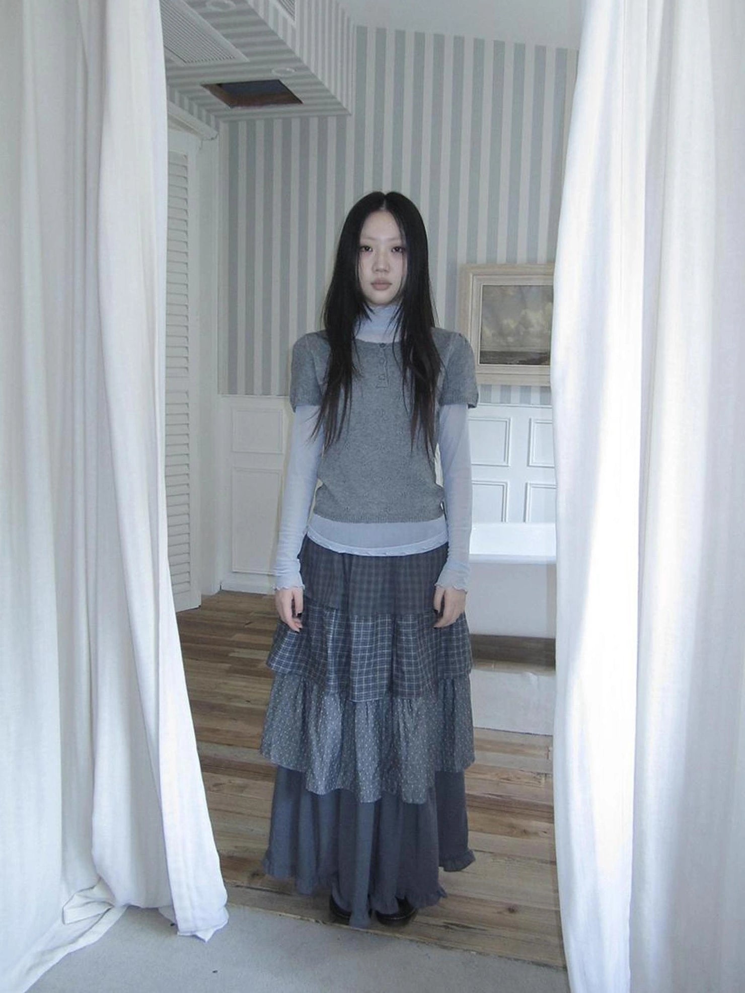 ang project Vintage Knit Layering Mesh Top V-neck T-shirt Long Sleeve T-shirt