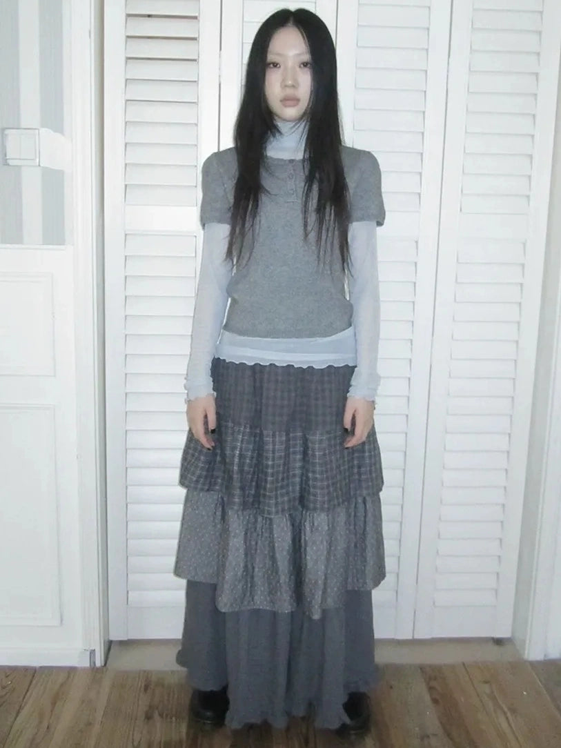 ang project Vintage Knit Layering Mesh Top V-neck T-shirt Long Sleeve T-shirt