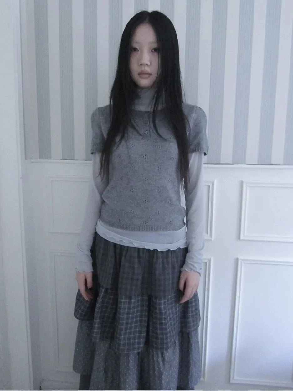 ang project Vintage Knit Layering Mesh Top V-neck T-shirt Long Sleeve T-shirt