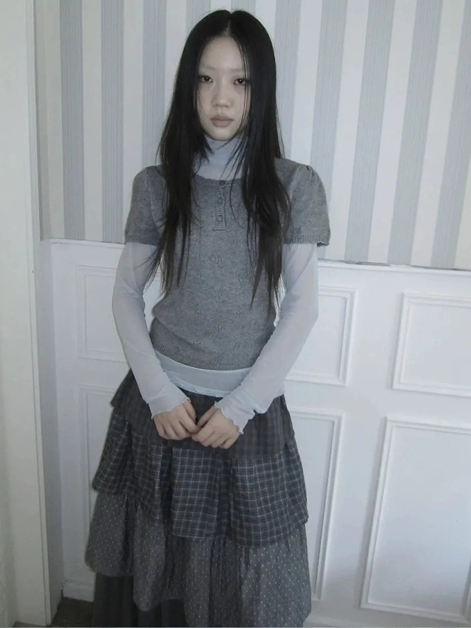 ang project Vintage Knit Layering Mesh Top V-neck T-shirt Long Sleeve T-shirt