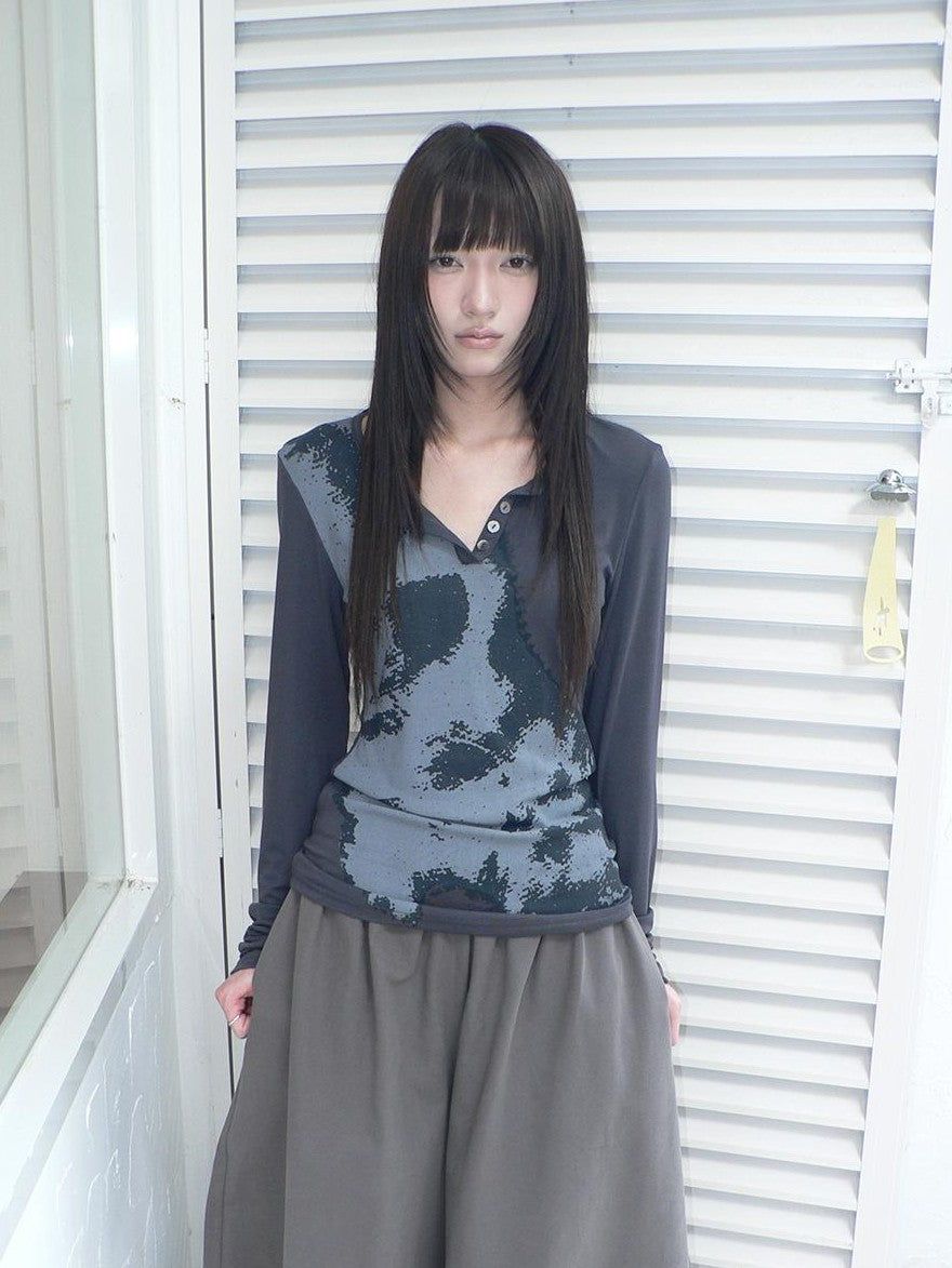 ang project Vintage Korean Print Half Open Neck Pullover Women&