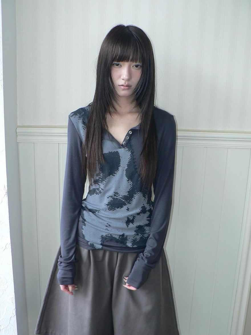 ang project Vintage Korean Print Half Open Neck Pullover Women&