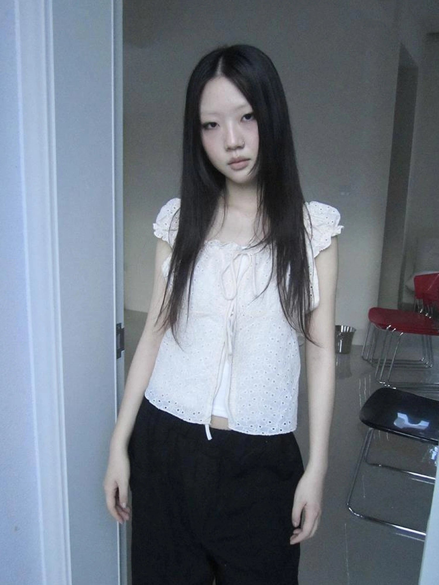 Vintage Korean Summer Layered Hollow Out Tie Crop Top