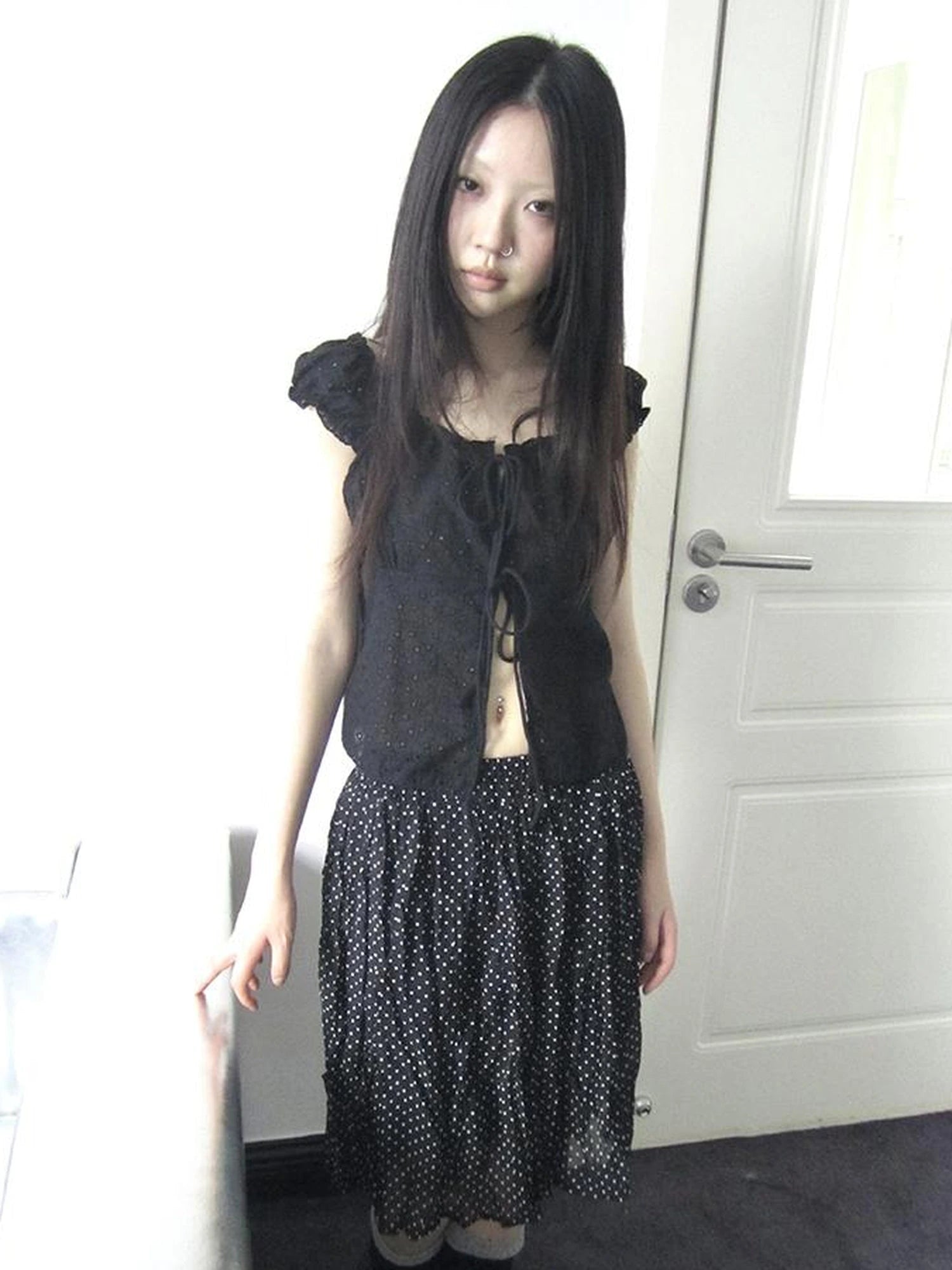 Vintage Korean Summer Layered Hollow Out Tie Crop Top