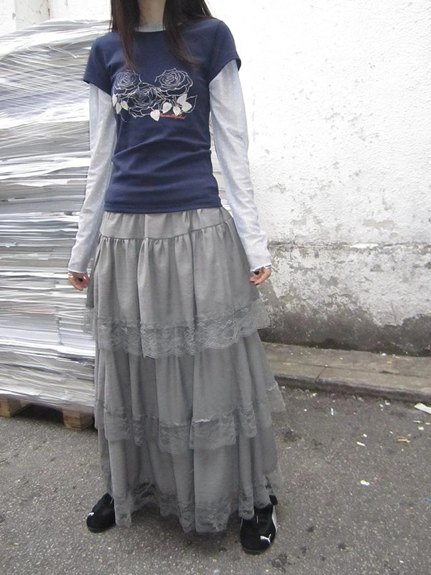 Vintage Lace Tiered Ruffle Hem Cake Skirt