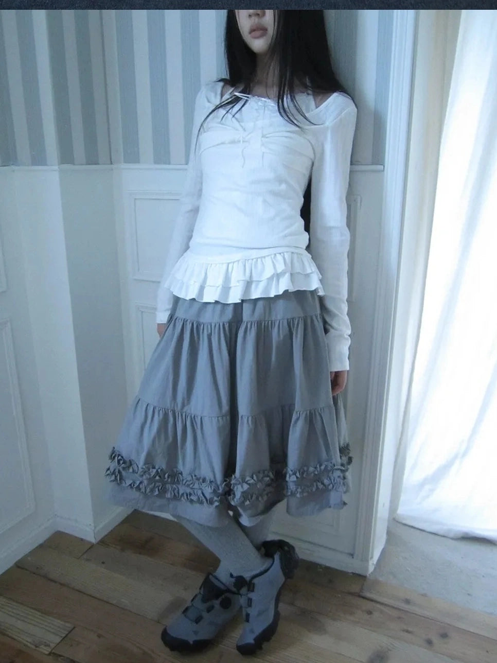 ang project Vintage Lace Trim Ruffle Hem A Line Skirt Skirt