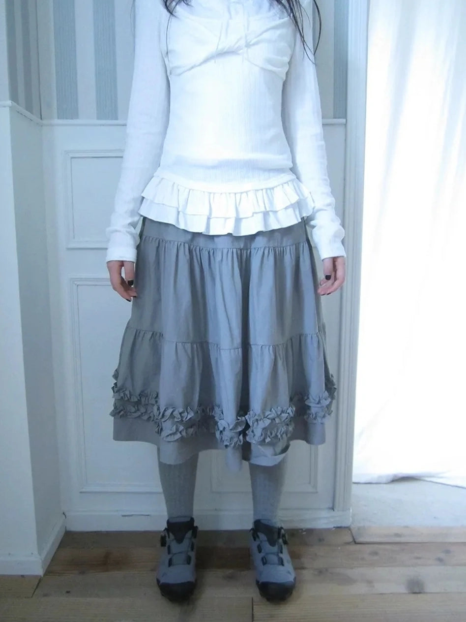 ang project Vintage Lace Trim Ruffle Hem A Line Skirt Skirt