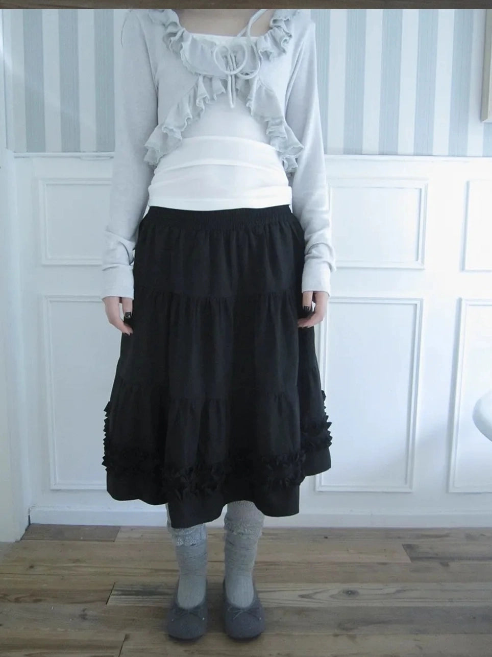 ang project Vintage Lace Trim Ruffle Hem A Line Skirt Skirt