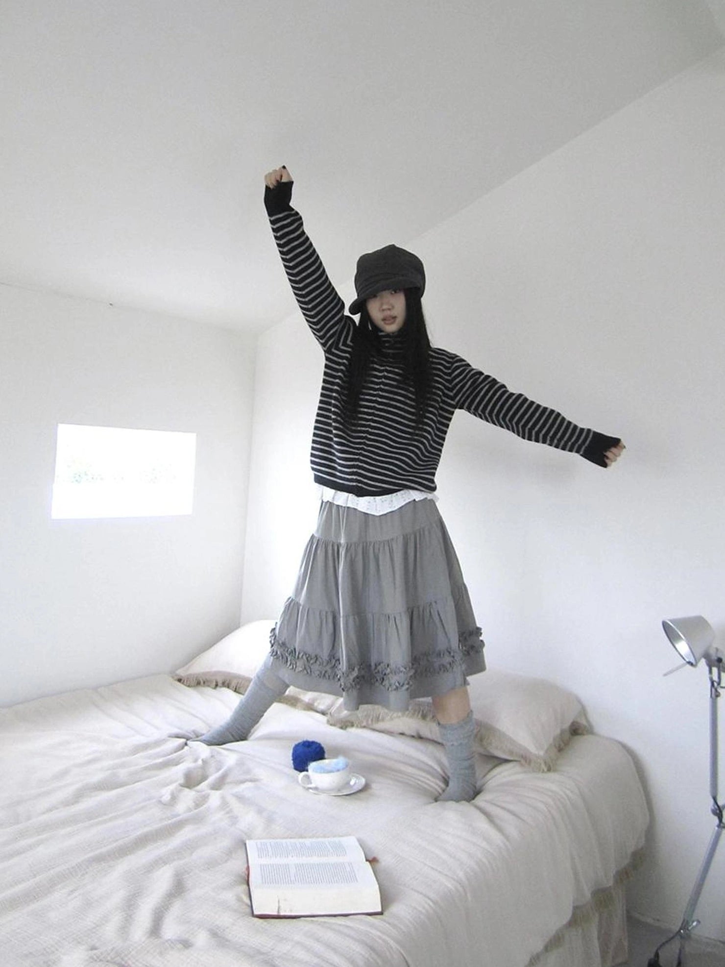 ang project Vintage Lace Trim Ruffle Hem A Line Skirt Skirt