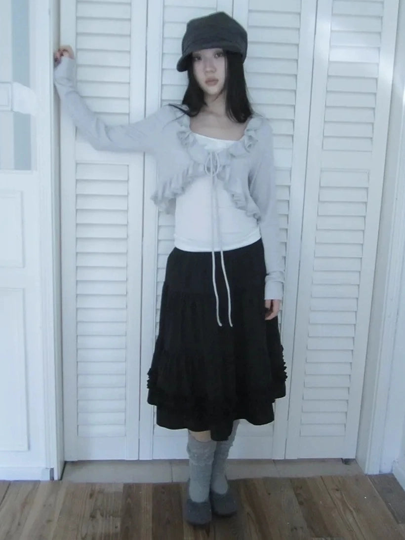 ang project Vintage Lace Trim Ruffle Hem A Line Skirt Skirt