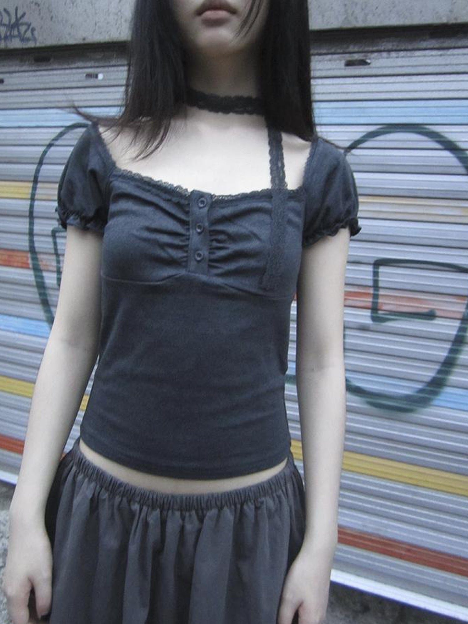 Updateang project Vintage Lace Trim Ruffled Button Detail Slim Fit Tee With Scarf