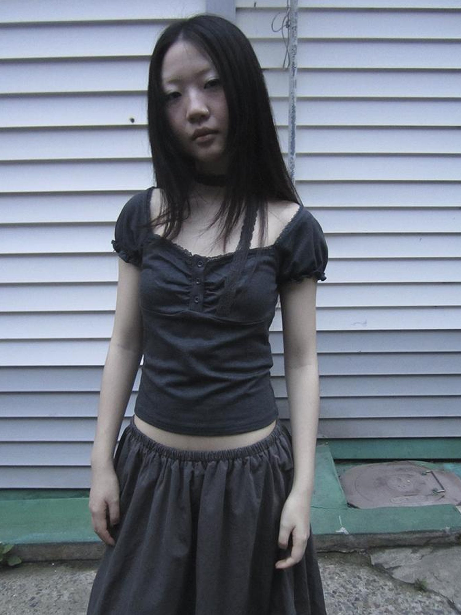Updateang project Vintage Lace Trim Ruffled Button Detail Slim Fit Tee With Scarf