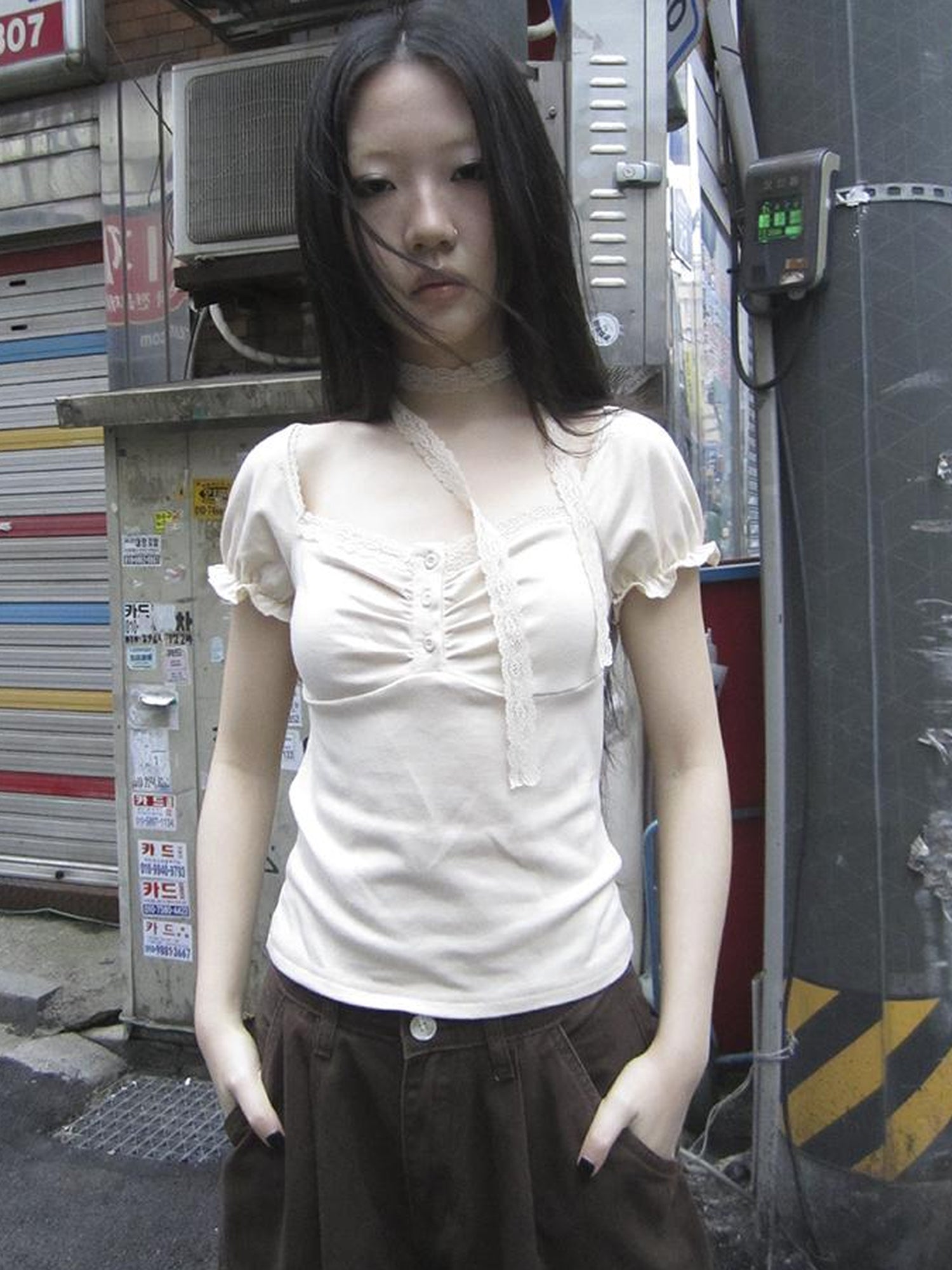 Updateang project Vintage Lace Trim Ruffled Button Detail Slim Fit Tee With Scarf