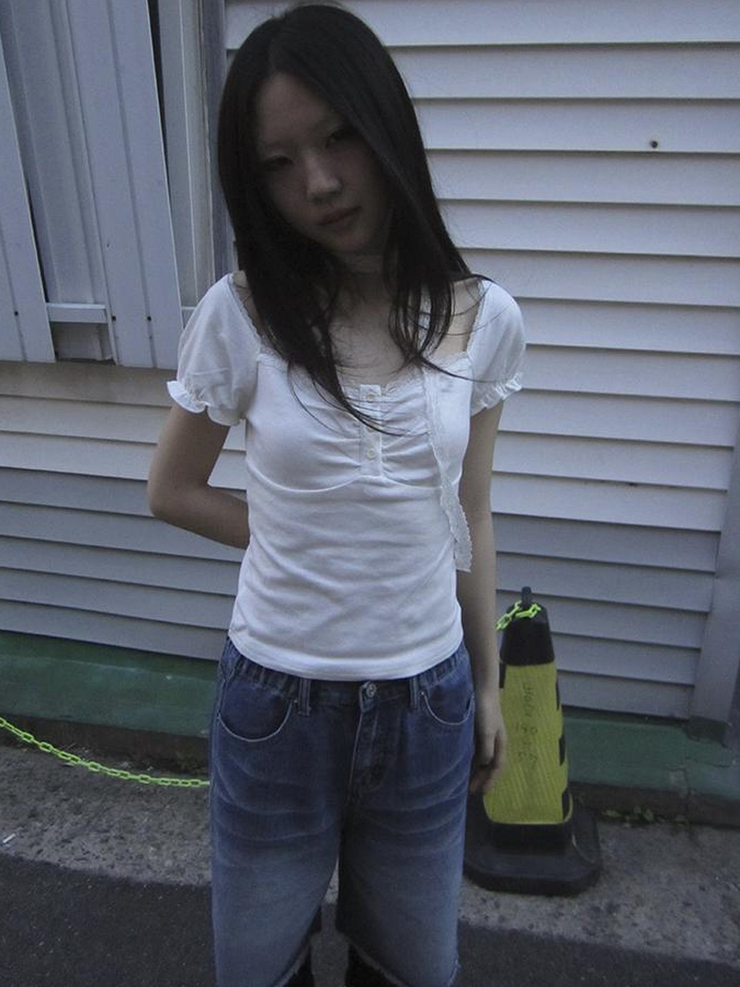 Updateang project Vintage Lace Trim Ruffled Button Detail Slim Fit Tee With Scarf