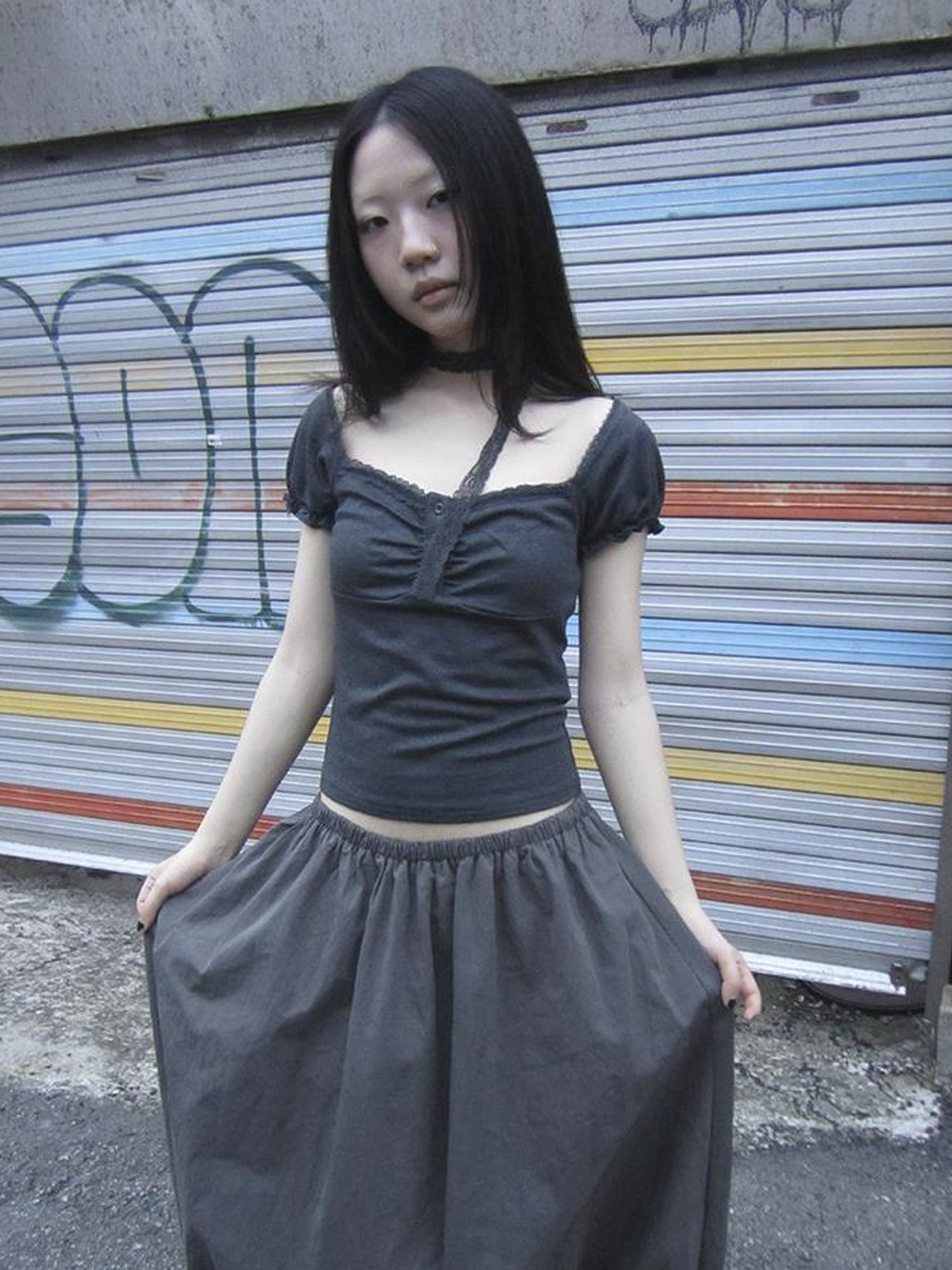 Updateang project Vintage Lace Trim Ruffled Button Detail Slim Fit Tee With Scarf