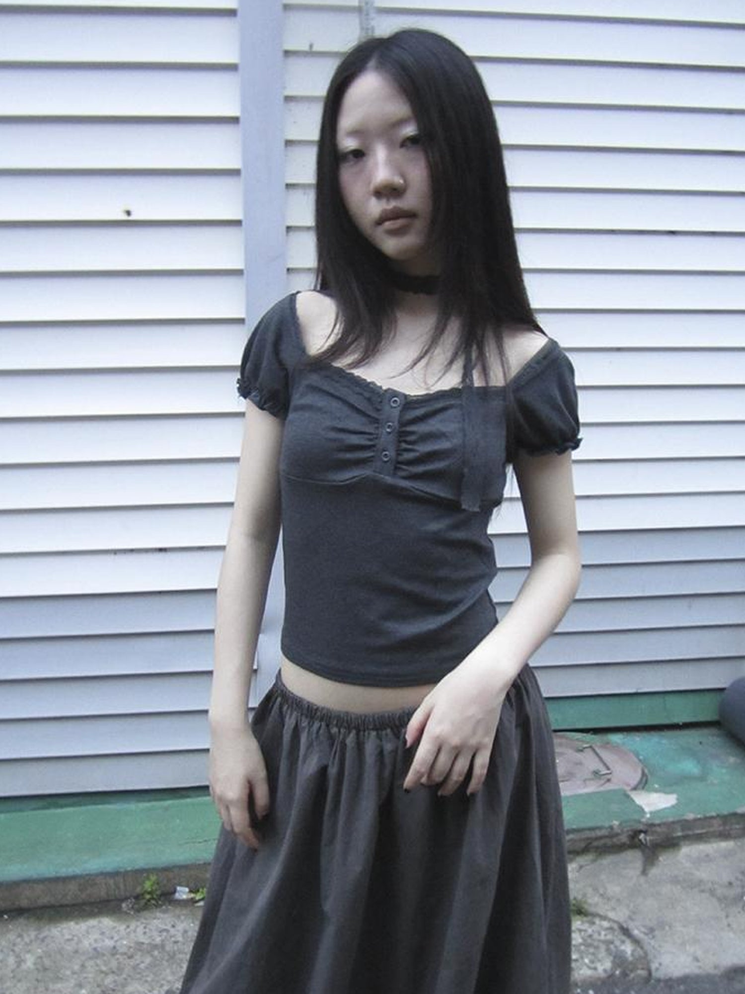 Updateang project Vintage Lace Trim Ruffled Button Detail Slim Fit Tee With Scarf