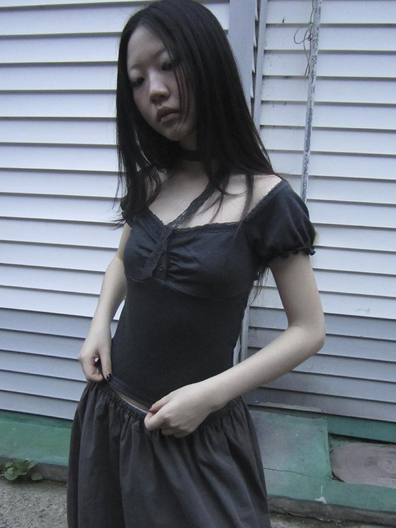 Updateang project Vintage Lace Trim Ruffled Button Detail Slim Fit Tee With Scarf