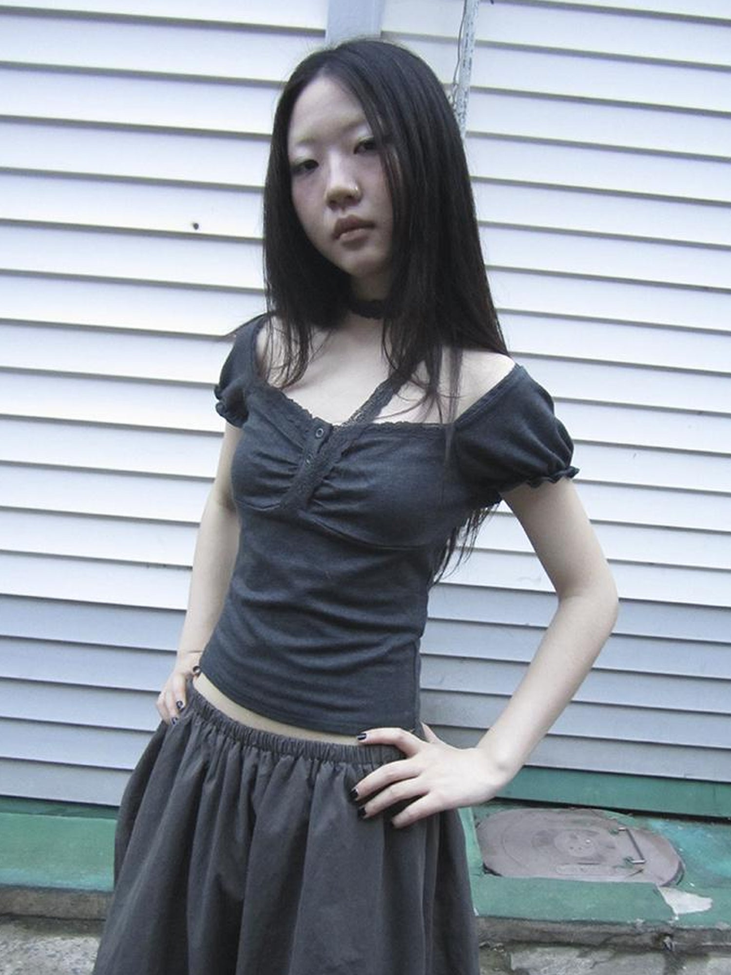 Updateang project Vintage Lace Trim Ruffled Button Detail Slim Fit Tee With Scarf