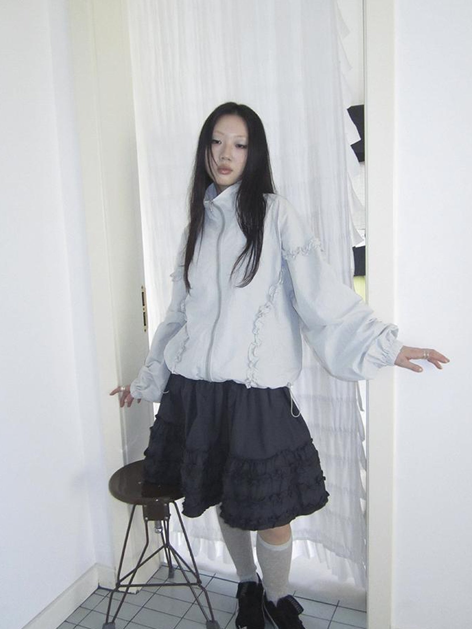 ang project Vintage Lace Trim Tiered Ruffle Skirt With Elastic Waist