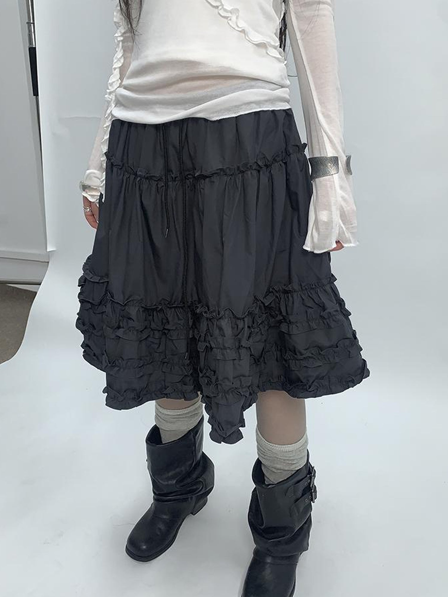 ang project Vintage Lace Trim Tiered Ruffle Skirt With Elastic Waist