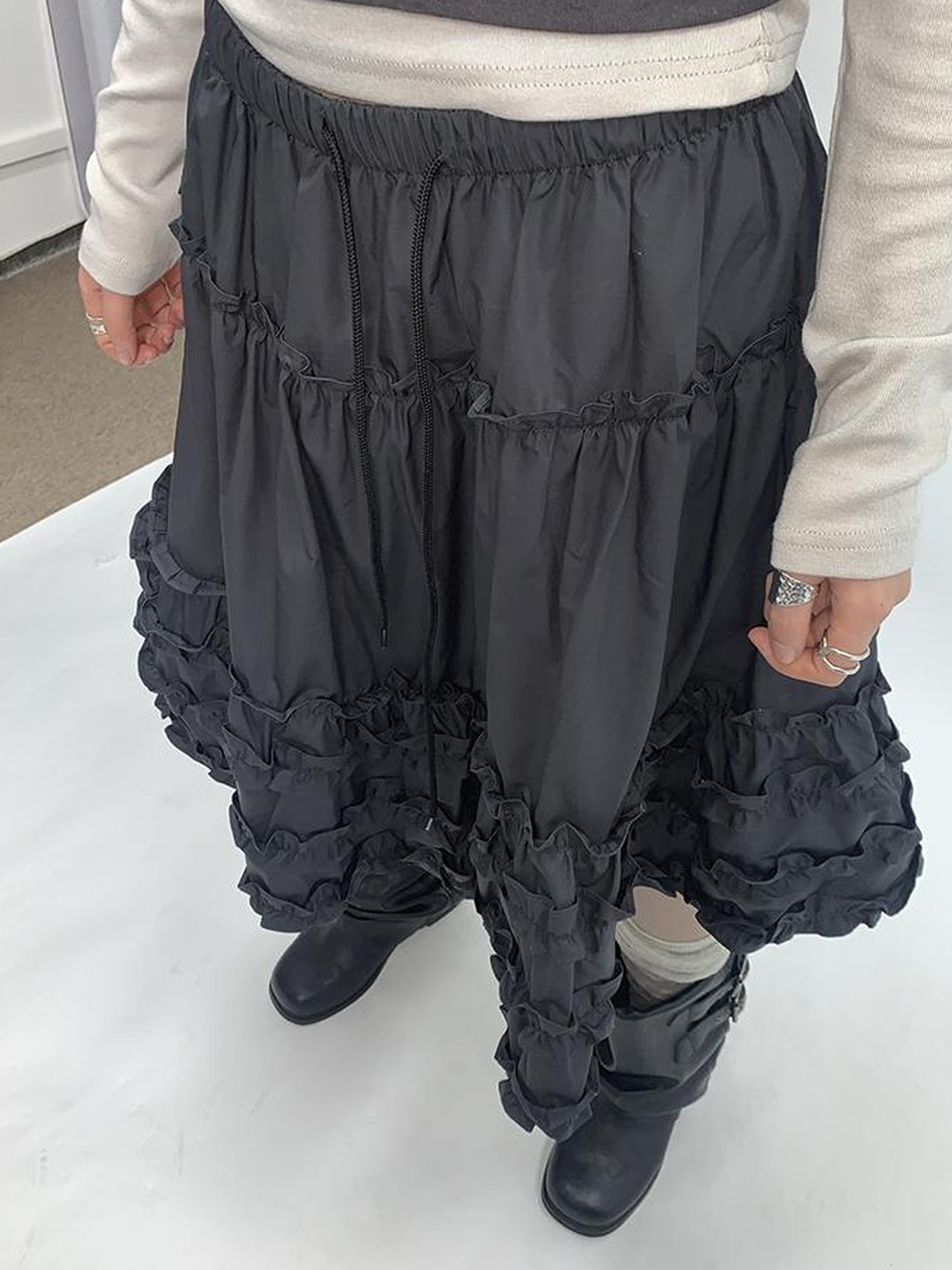 ang project Vintage Lace Trim Tiered Ruffle Skirt With Elastic Waist