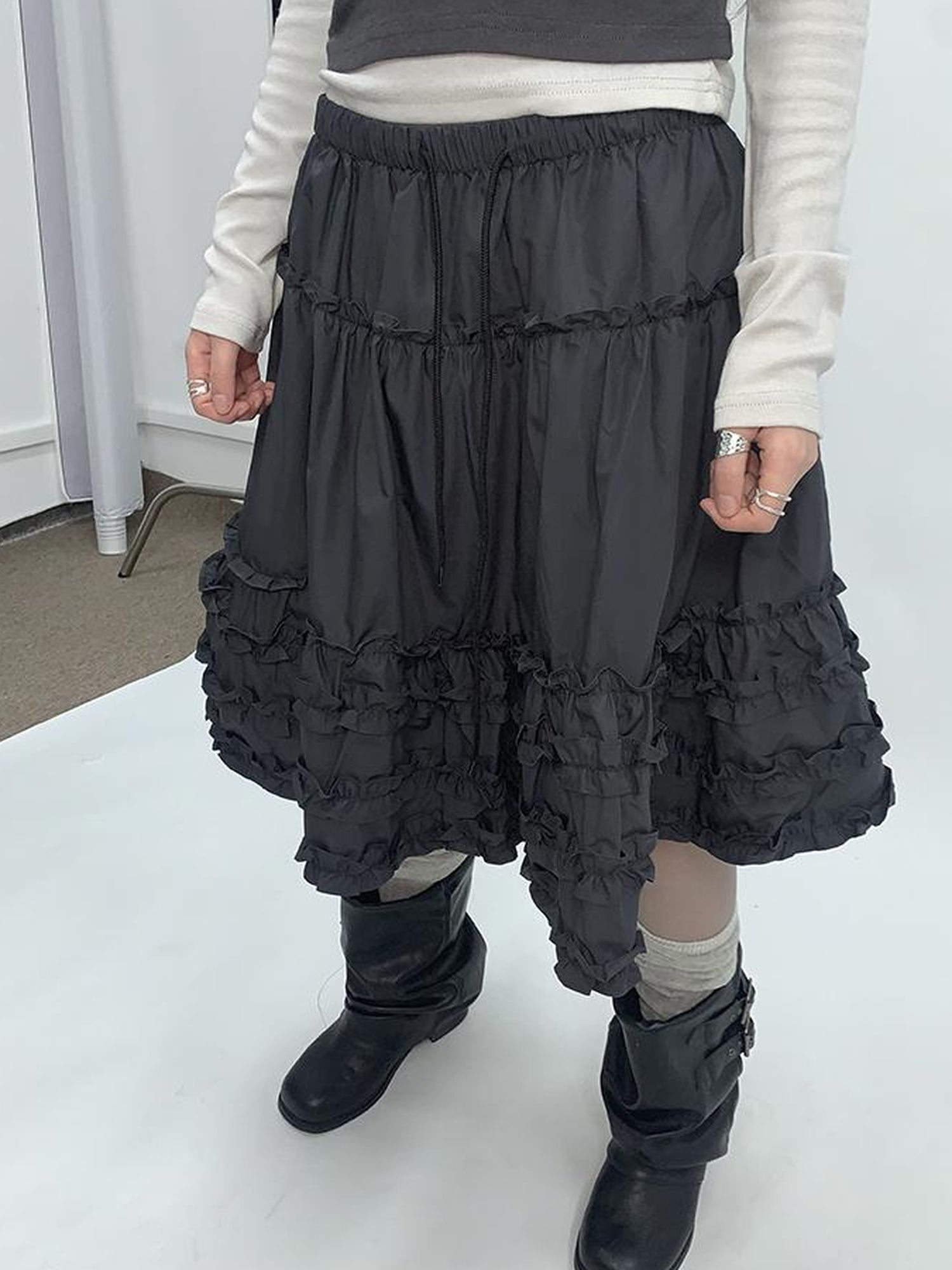 ang project Vintage Lace Trim Tiered Ruffle Skirt With Elastic Waist