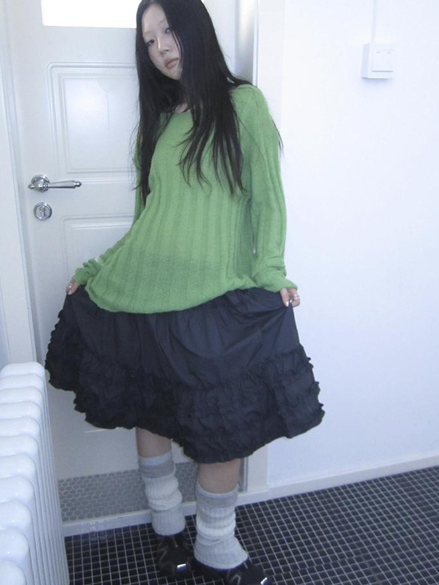 ang project Vintage Lace Trim Tiered Ruffle Skirt With Elastic Waist