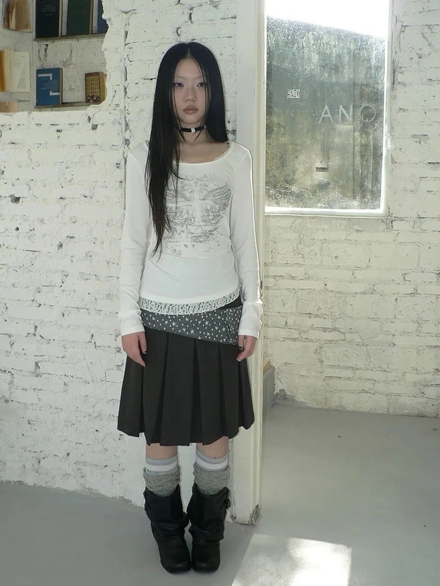 ang project Vintage Lace Trim U Neck Floral Print T-shirt T-shirt