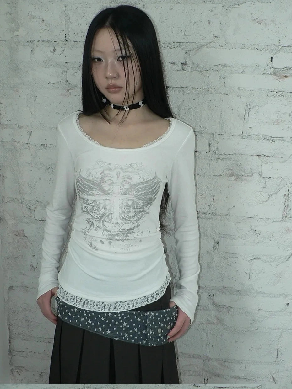 ang project Vintage Lace Trim U Neck Floral Print T-shirt T-shirt