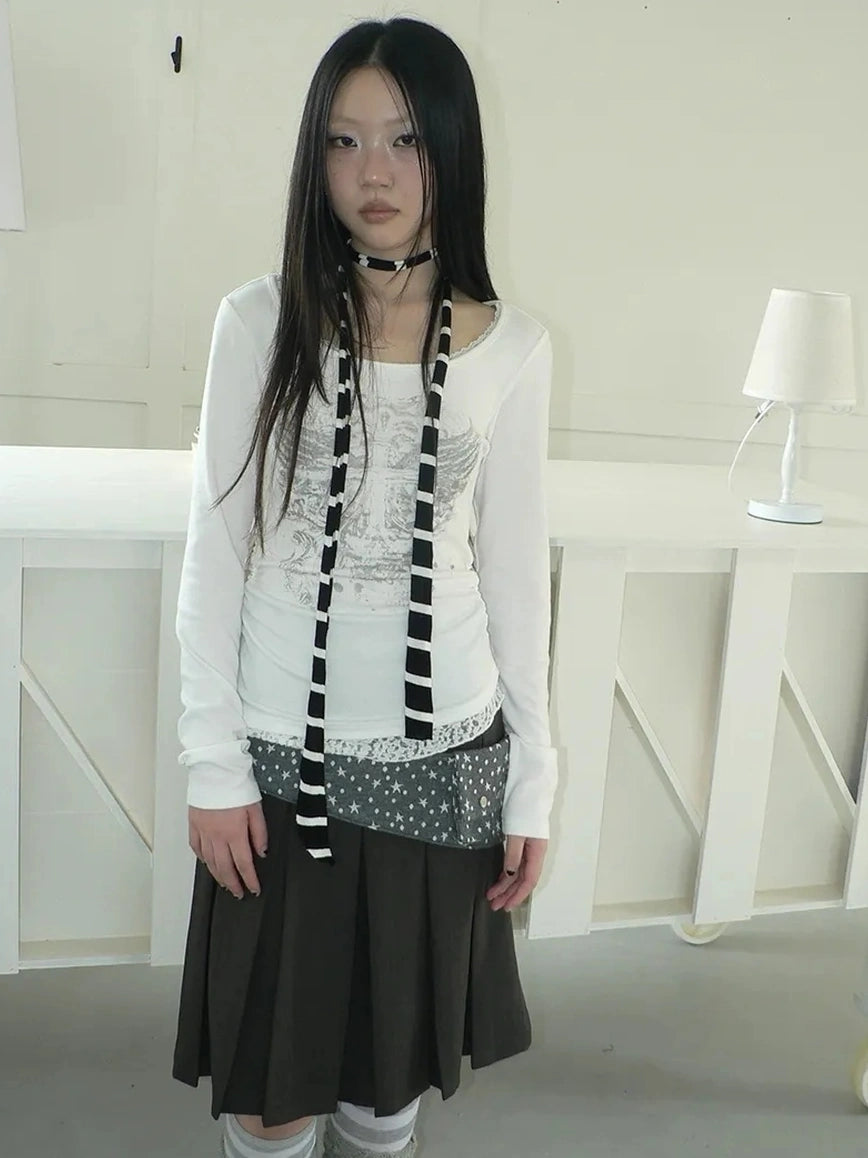 ang project Vintage Lace Trim U Neck Floral Print T-shirt T-shirt