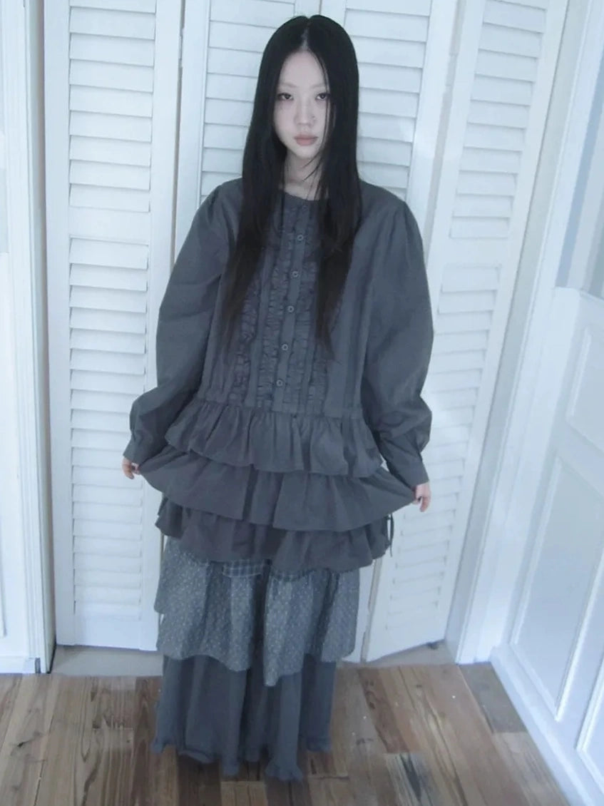 ang project Vintage Lace Trimmed Button Detail Ruffle Hem Blouse Shirts