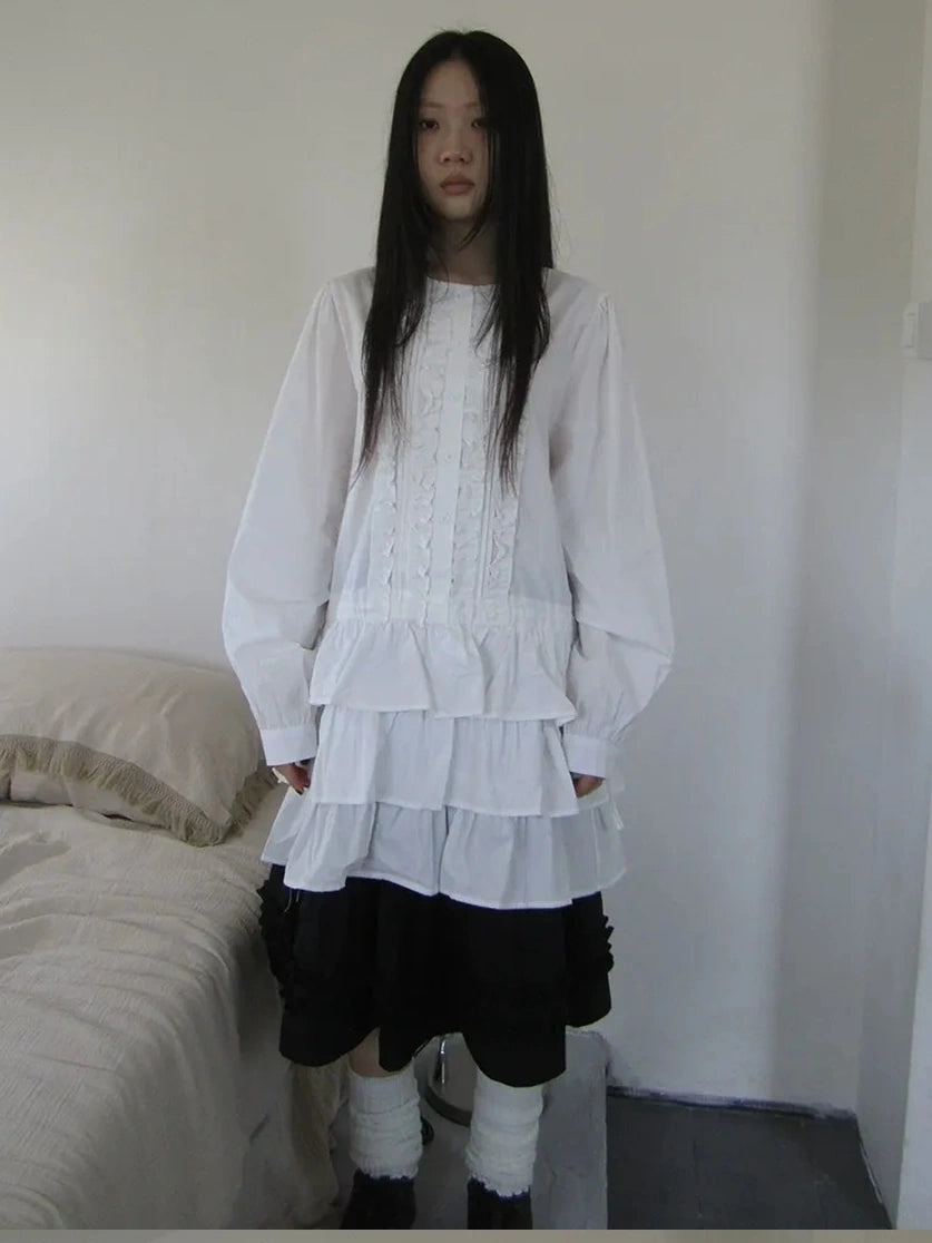 ang project Vintage Lace Trimmed Button Detail Ruffle Hem Blouse Shirts