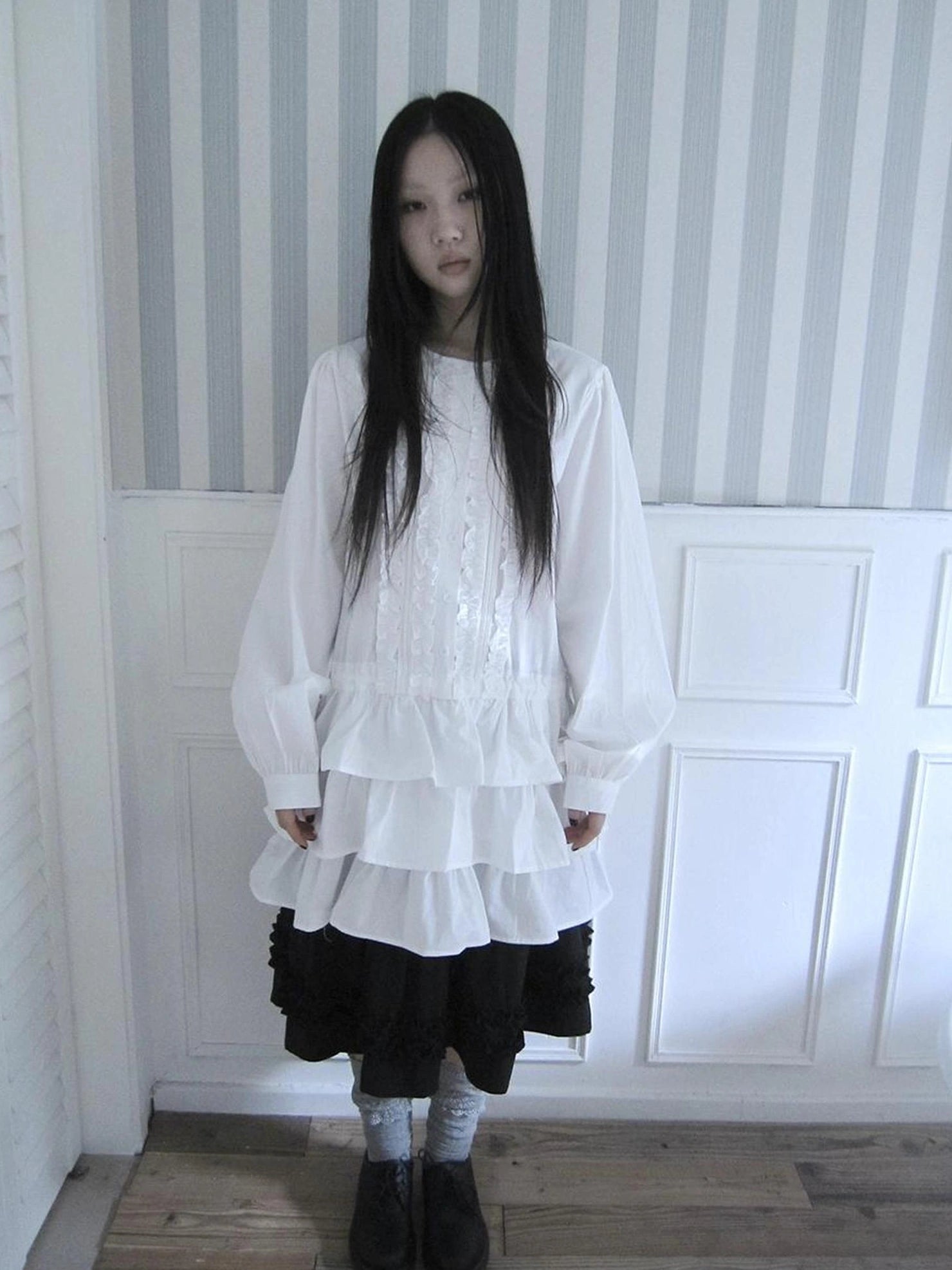 ang project Vintage Lace Trimmed Button Detail Ruffle Hem Blouse Shirts