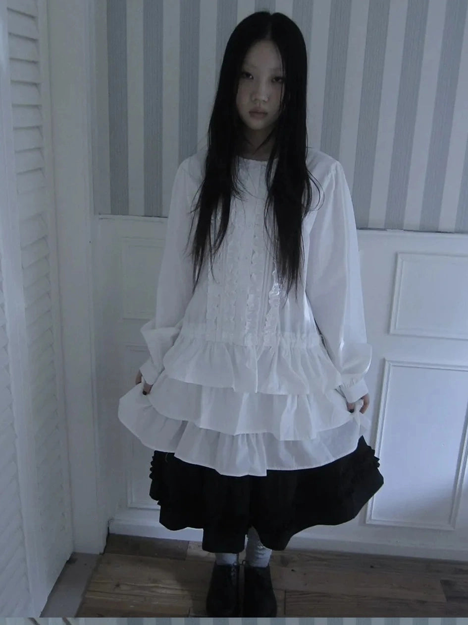 ang project Vintage Lace Trimmed Button Detail Ruffle Hem Blouse Shirts