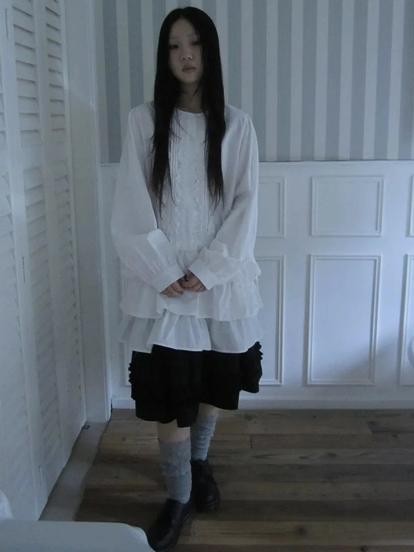 ang project Vintage Lace Trimmed Button Detail Ruffle Hem Blouse Shirts