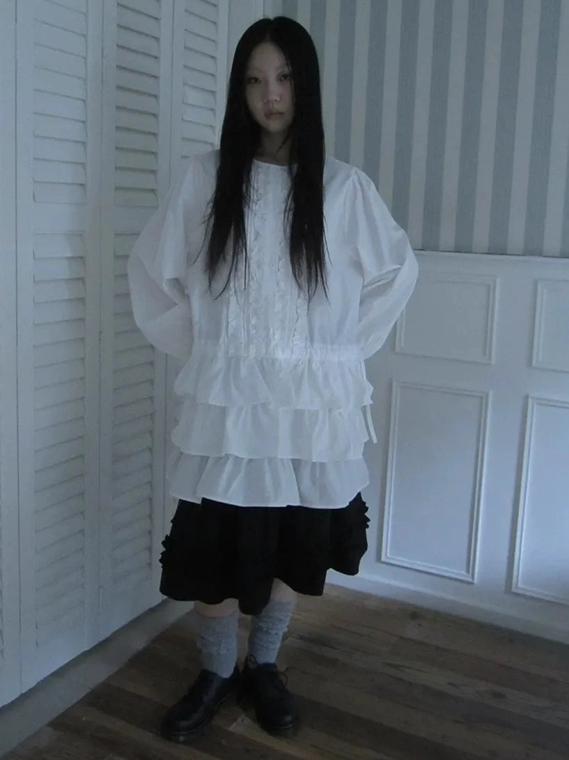 ang project Vintage Lace Trimmed Button Detail Ruffle Hem Blouse Shirts