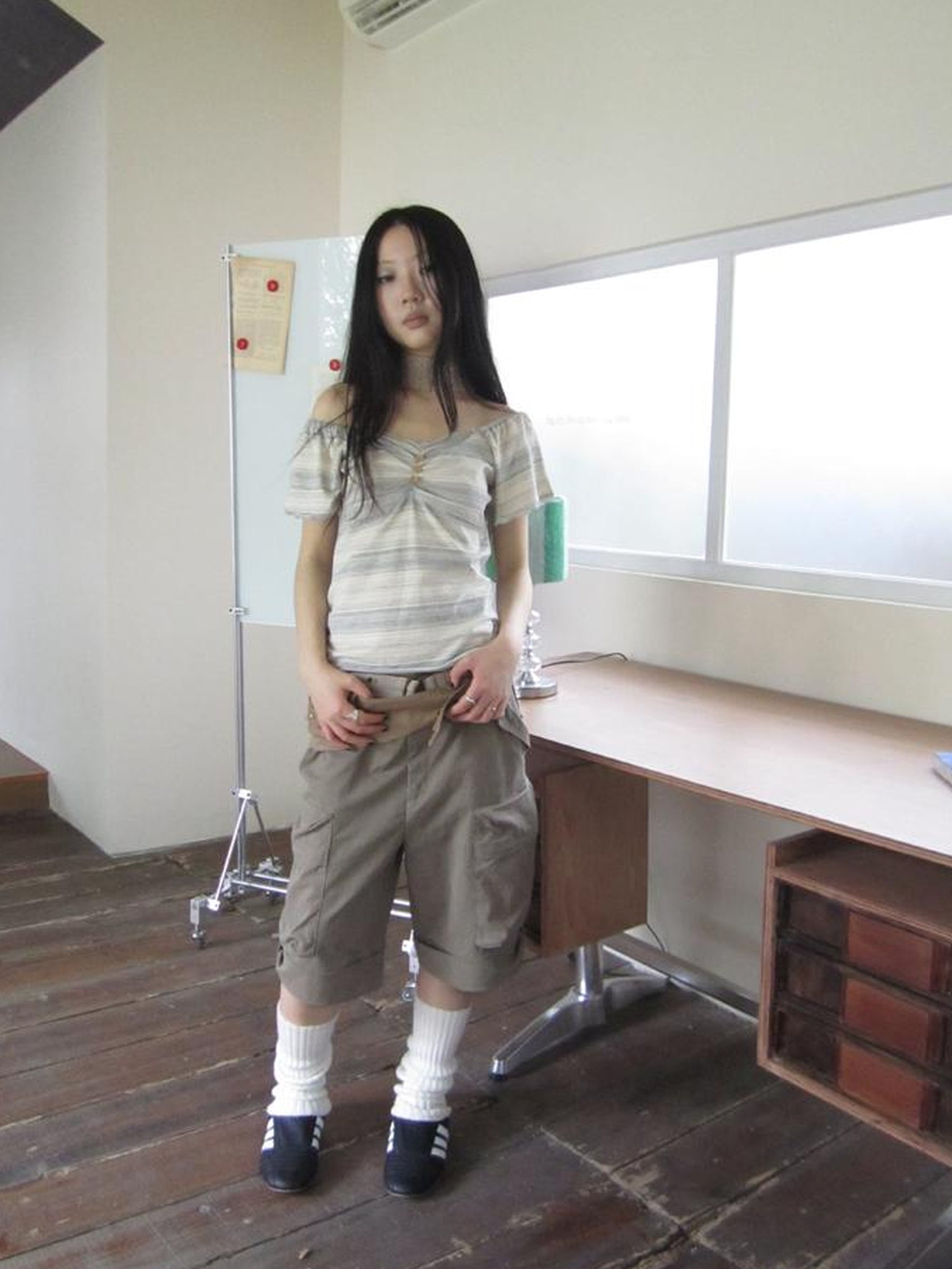 ang project Vintage Lace Trimmed V-Neck Button Detail Striped Summer Tee