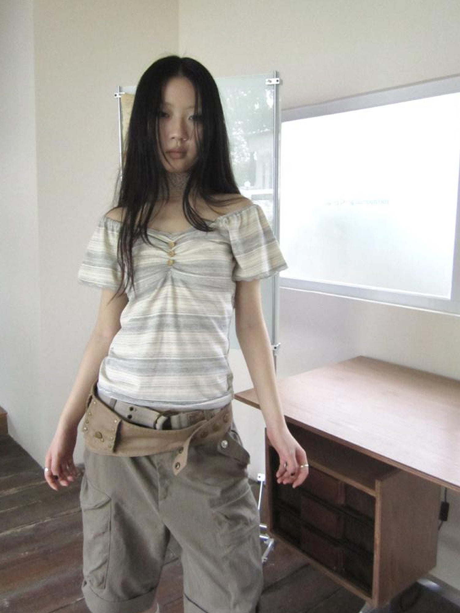 ang project Vintage Lace Trimmed V-Neck Button Detail Striped Summer Tee