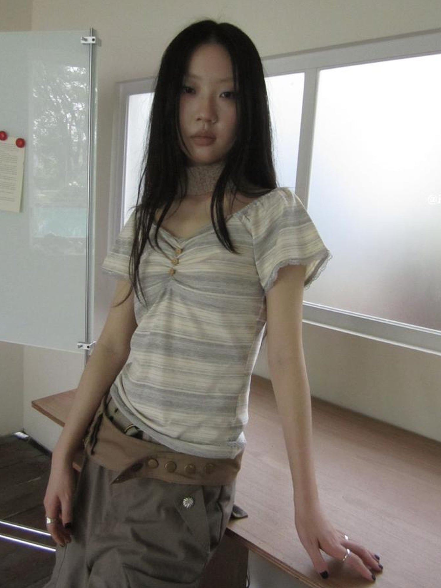 ang project Vintage Lace Trimmed V-Neck Button Detail Striped Summer Tee