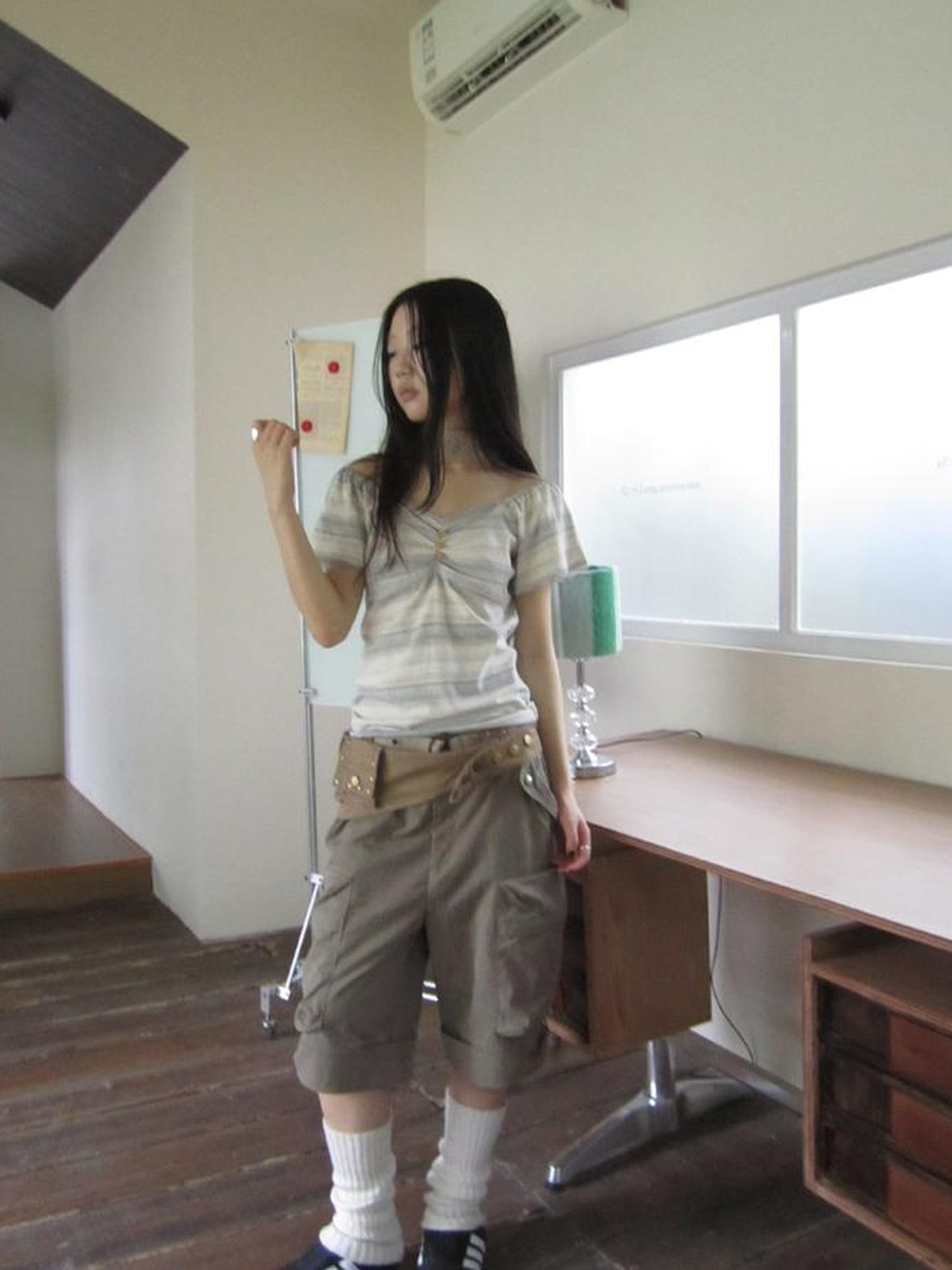 Updateang project Vintage Lace Trimmed V-Neck Button Detail Striped Summer Tee